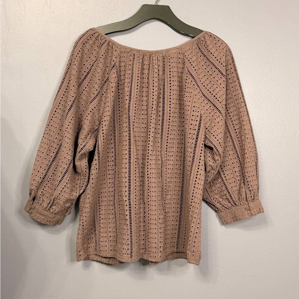 #10) Joie Cotton Tan/Brown Eyelet Blouse - Picture 2 of 7